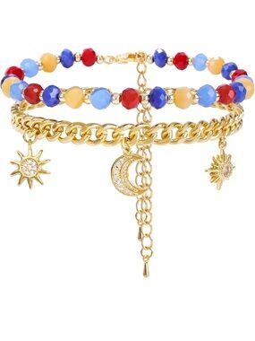 Anthropologie Gold Bracelet Set with Red, Blue & Peach Beads